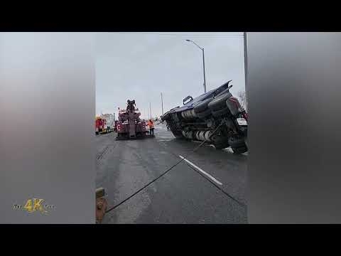 Ontario: Heavy tows flip big rig cab up after rollover with no injury...