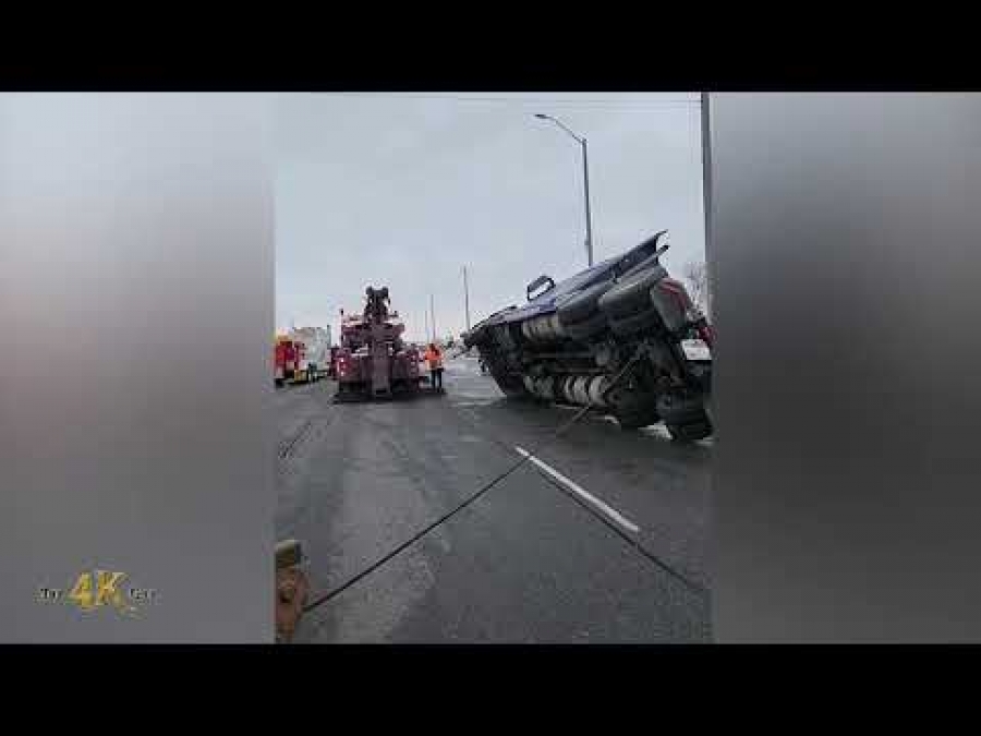 Ontario: Heavy tows flip big rig cab up after rollover with no injury 1-27-2023